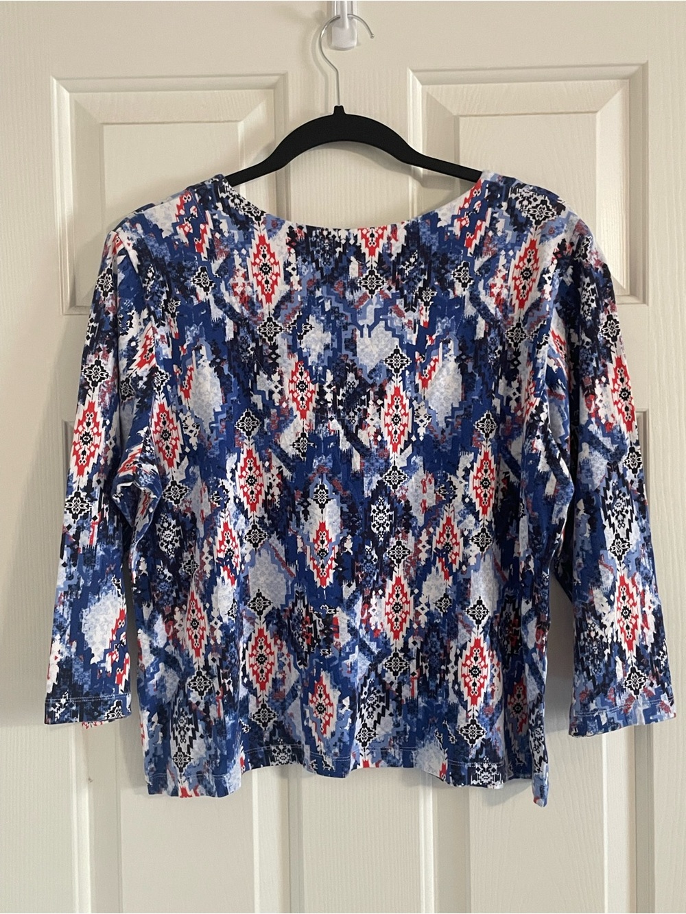 Ruby Rd. Blue Red Multi-Pattern V-Neck Long Sleeve Top - Picture 3 of 3